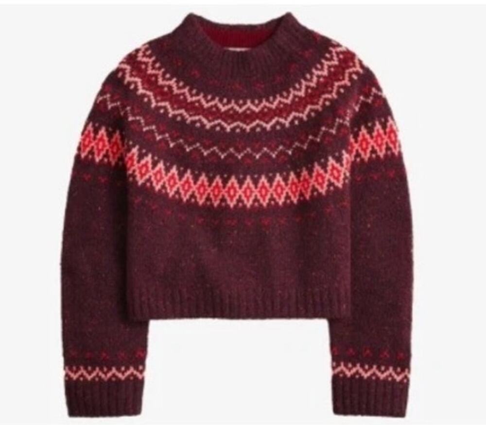 J.Crew Fair Isle Sweater Women M Merino Wool Alpaca Burgundy Pink Cropped